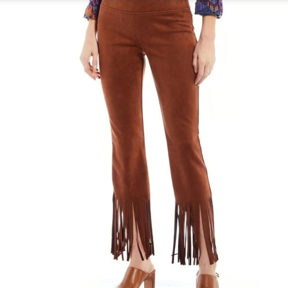 Slim Factor By Investments Pants Women's 1X Brown Faux Suede Boot Leg Fringe
